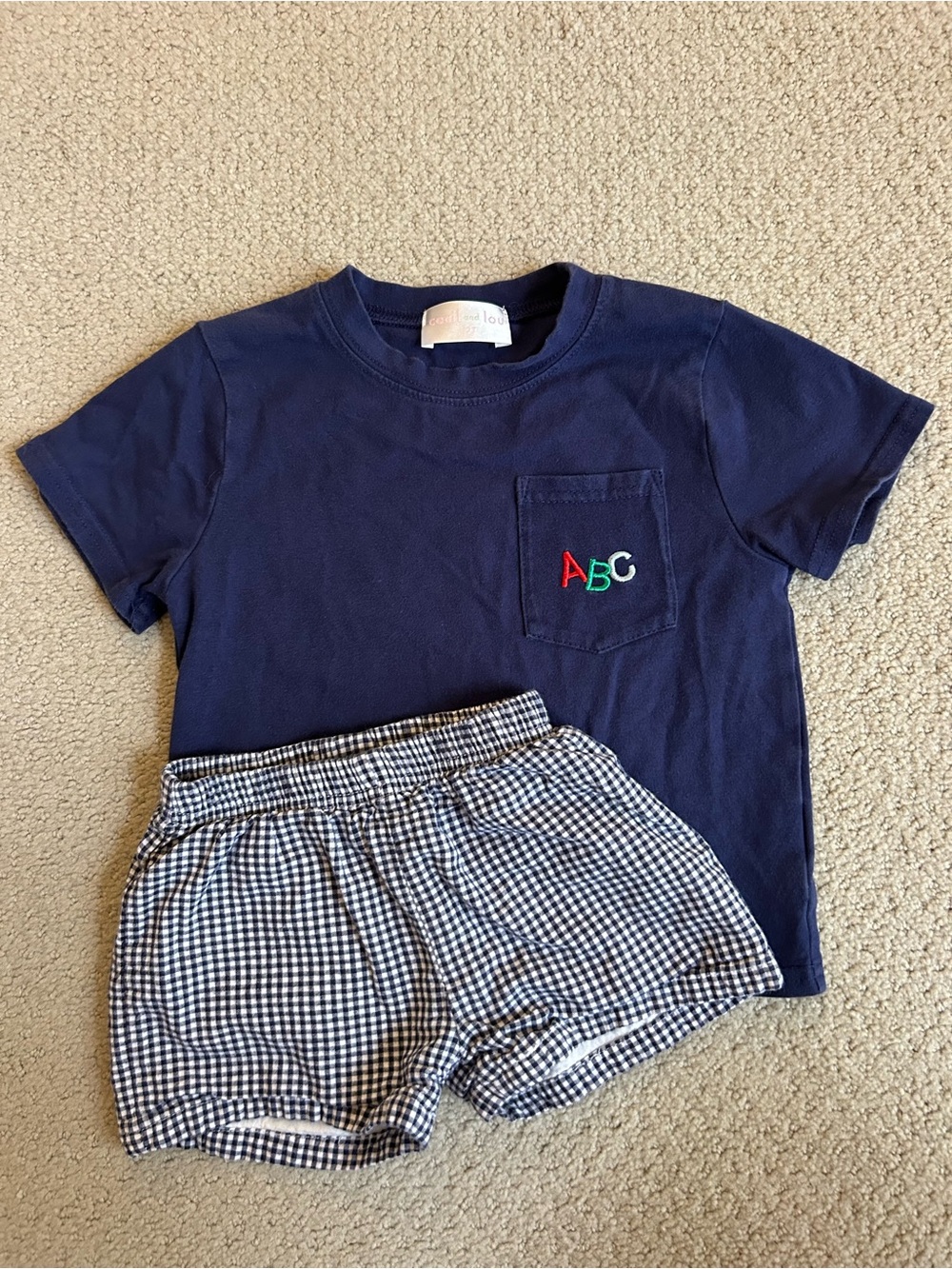 Cecil & Lou Embroidered ABC Navy Tee & Gingham Shorts Kids Matching Set